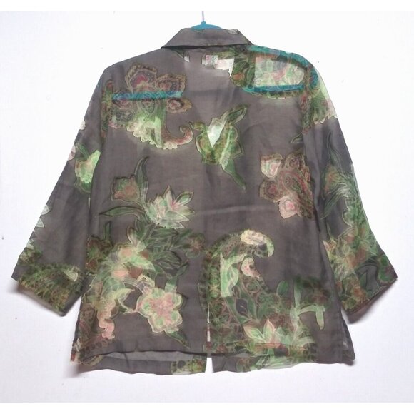 Bamboo traders blouse FLAX BLEND Size M gray green collared button up semi-sheer - Picture 5 of 8